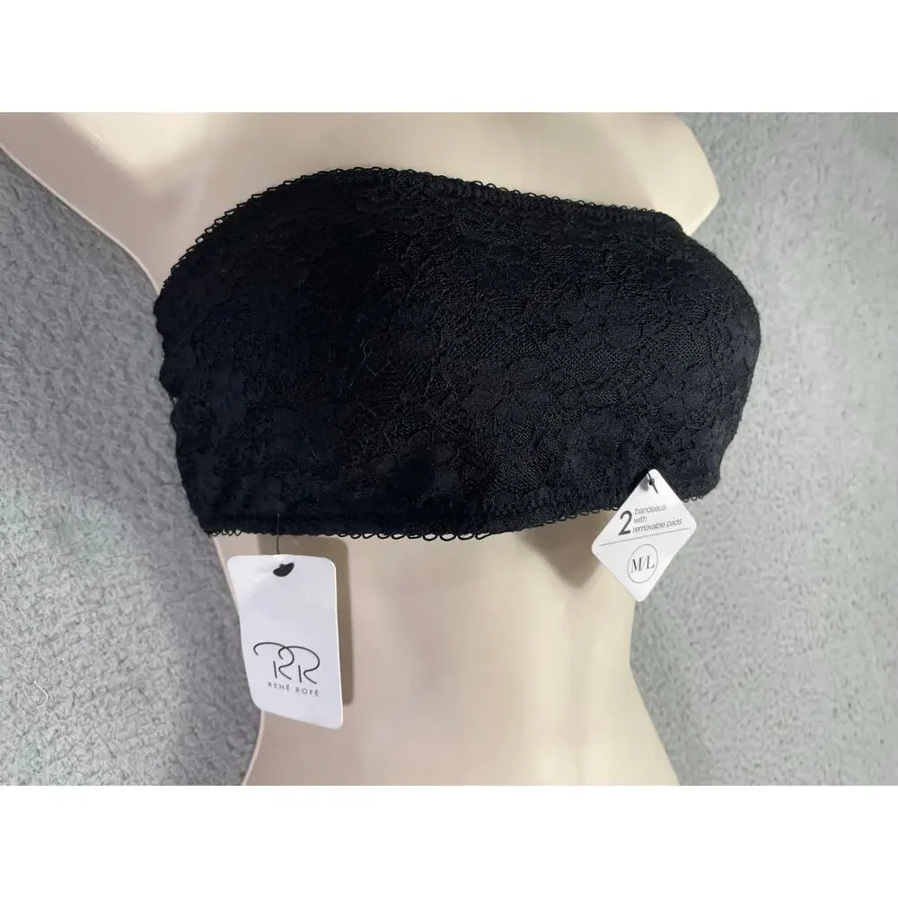 Rene Rofe Black Lace Bandeau Bra‎ M/L Strapless Bralette Removable Pads NWT - Picture 4 of 12